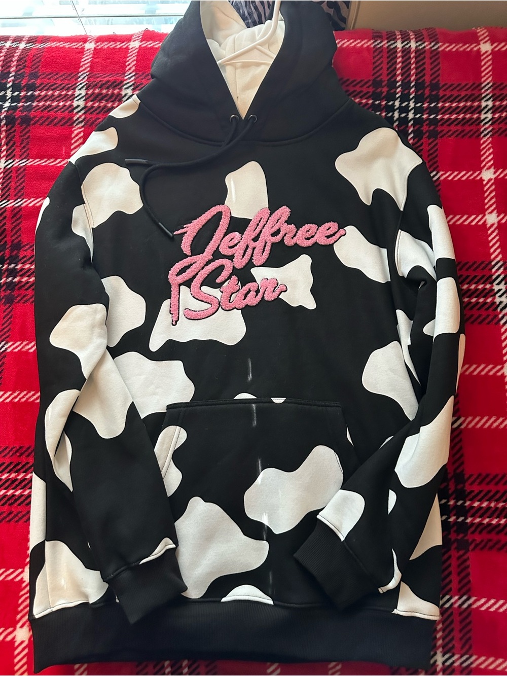 Jeffree Star Black & White Cow Print Hoodie with Pink Logo